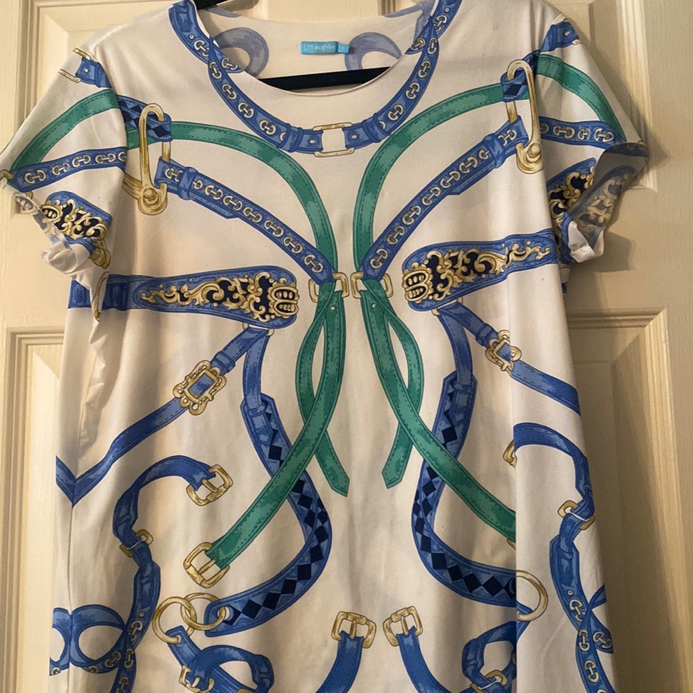 J McLaughlin sz S white background blue and green top
